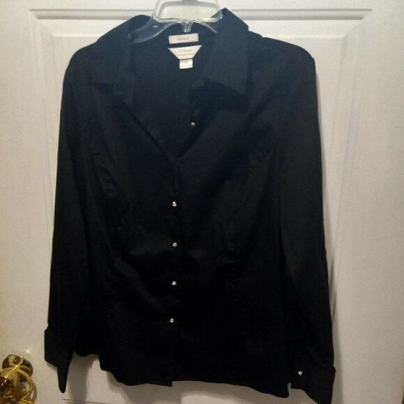 CJ Banks Stretch Black with Rhinestone Buttons/cuffs Shirt - Picture 1 of 9